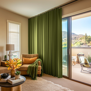 Moss Green Linen S-Fold Curtains for Sliding Doors in a Living Room with Warm Beige Walls - Cotton Lining
@Heading: S-Fold