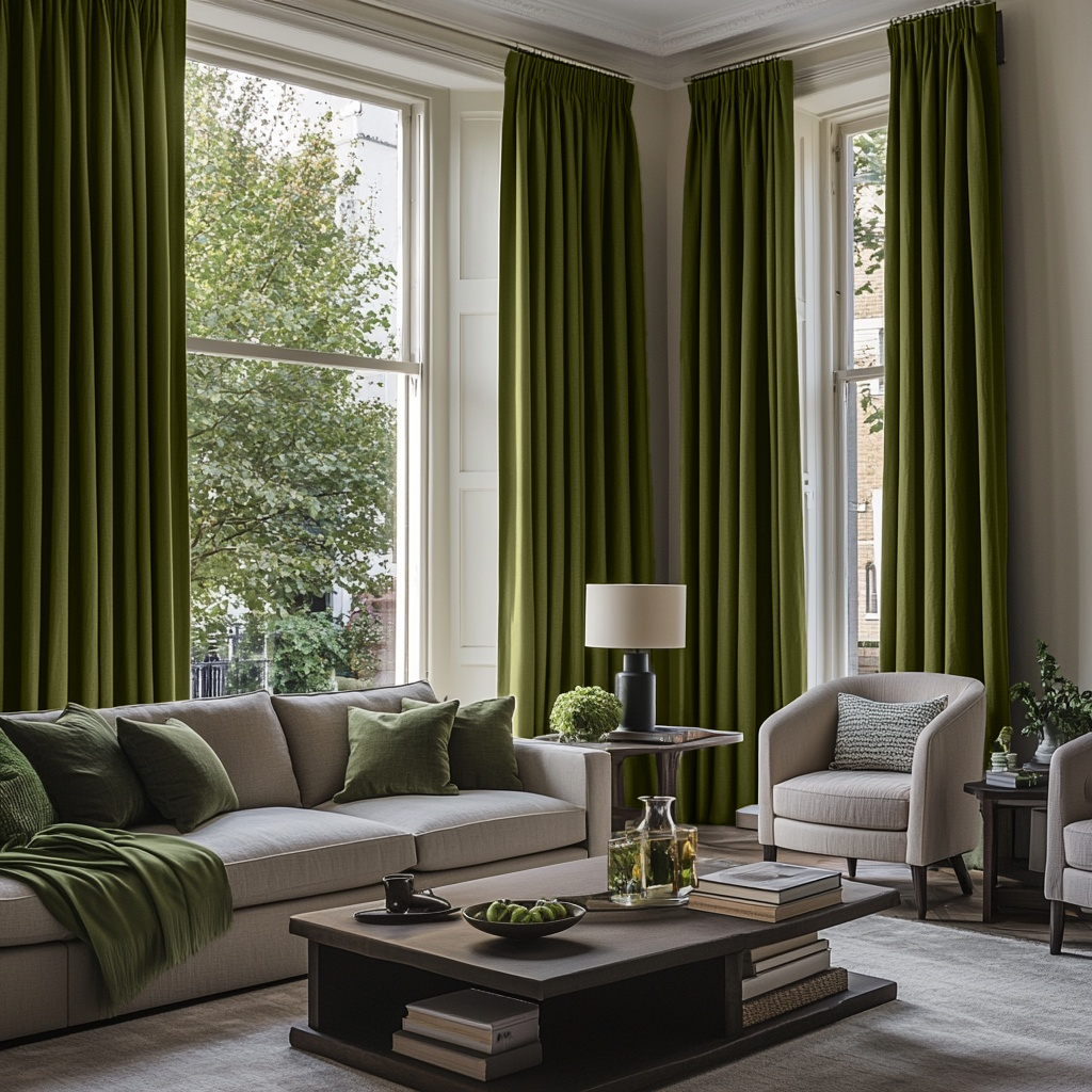 Moss Green Linen Thermal Pencil Pleat Curtains