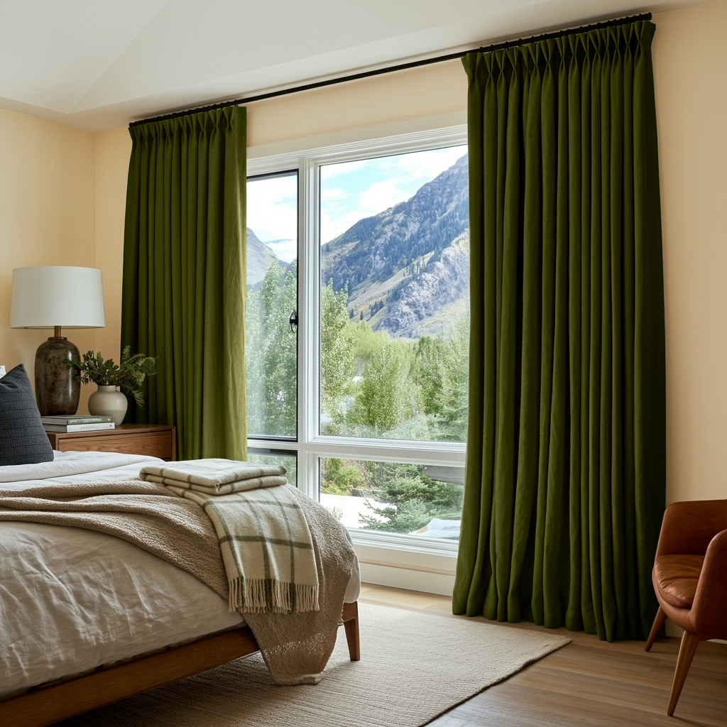 Moss Green Linen Thermal Pinch Pleat Curtains