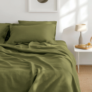 Moss Green Linen Top Sheet - Close Up Photo