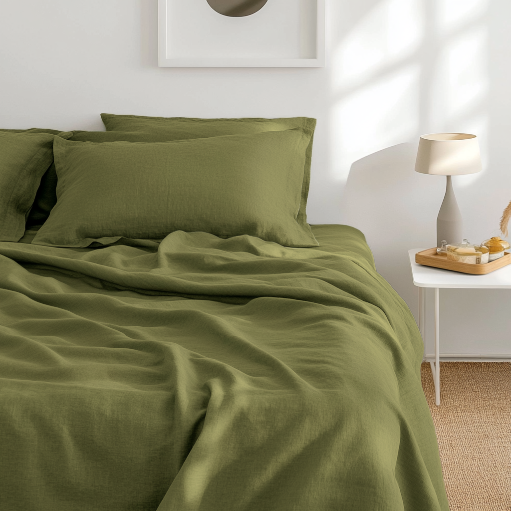 Moss Green Linen Top Sheet - Close Up Photo