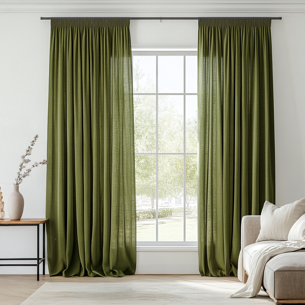 Moss Green Pencil Pleat Linen Curtains