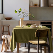 Moss Green Square Velvet Tablecloth in a Contemporary Kitchen with Light Wood Cabinetry