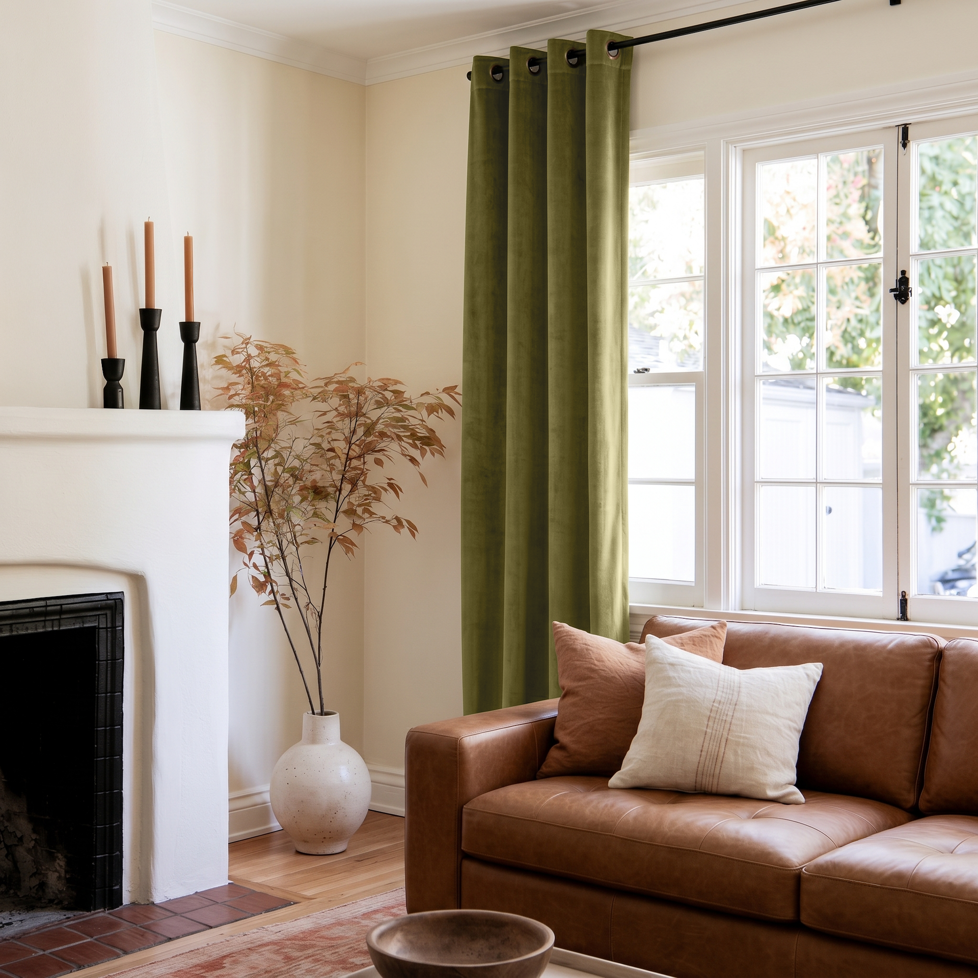 Moss Green Velvet Grommet Curtains in a Modern Living Room with Cream Walls and a Caramel Leather Sofa