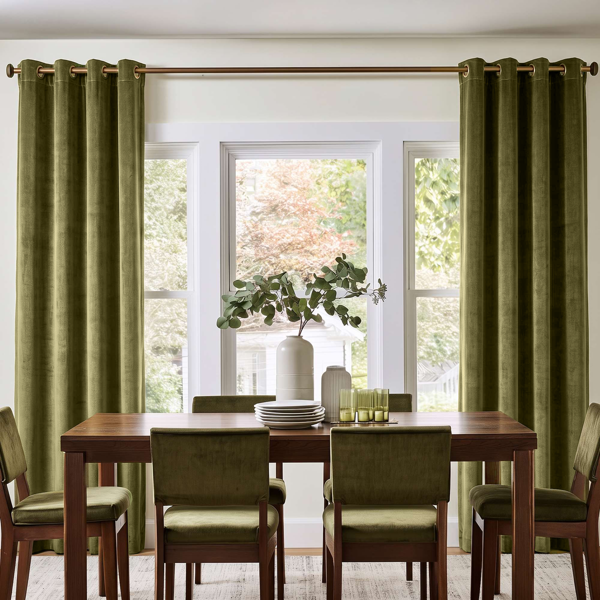 Moss Green Velvet Curtains in a Spacious White Dining Room with a Brown Wooden Table and Soft Green Chairs, Flower Vase