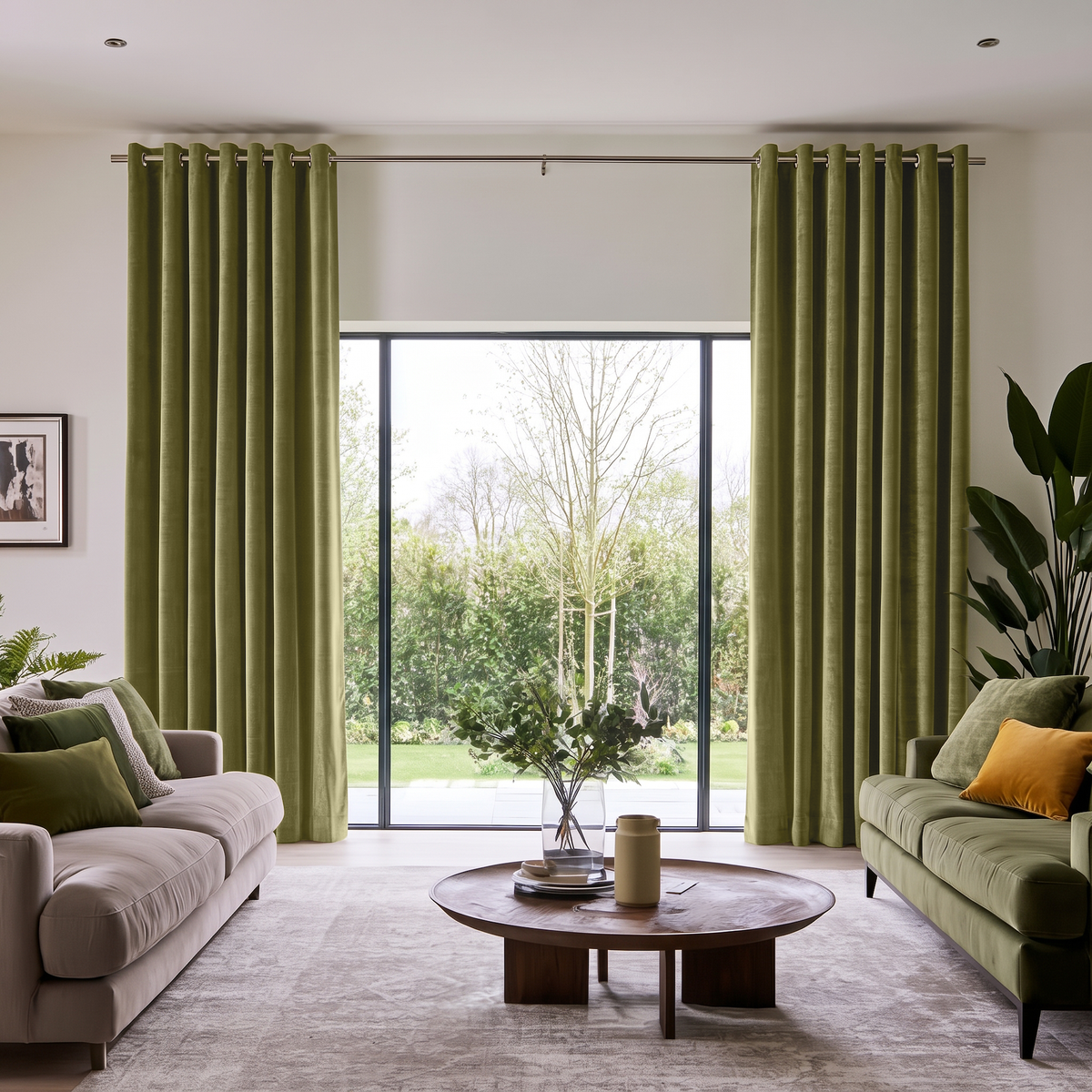 Moss Green Velvet Grommet Extra Long Curtains in a Bright, Modern Living Room With a Large Window Looking Out Onto a Garden