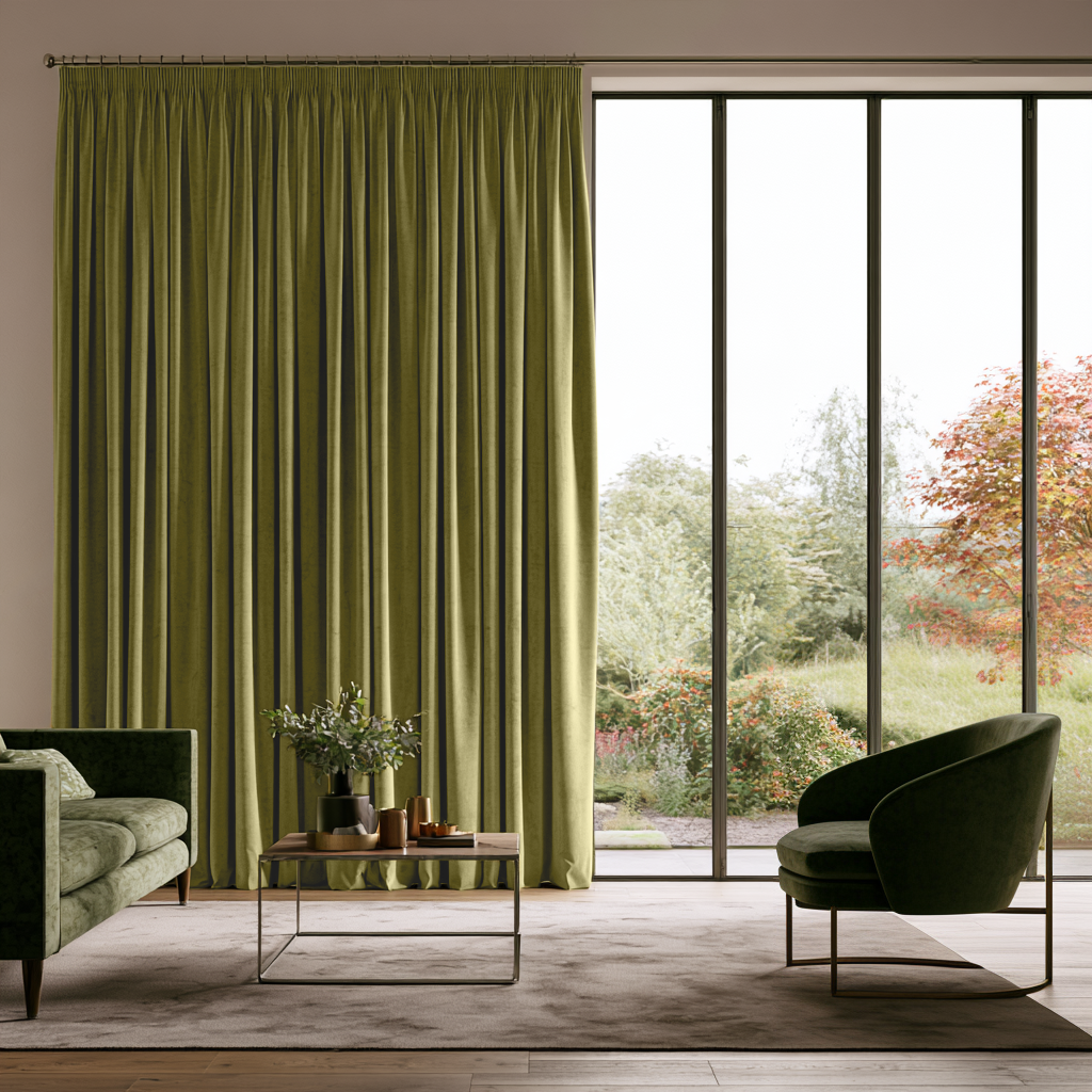 Moss Green Velvet Pencil Pleat Extra Long Curtains in a Contemporary Living Room with Floor-to-Ceiling Windows and Green Accent Chairs