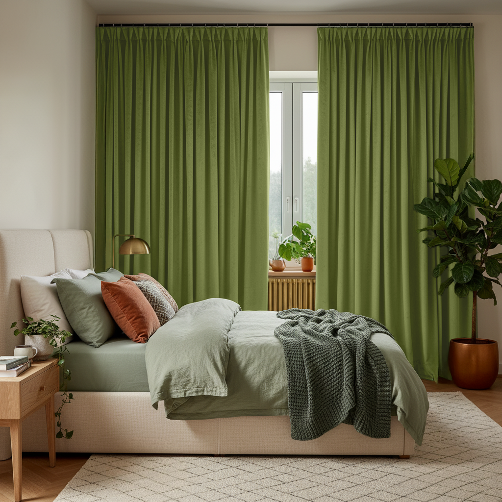 Moss Green Velvet Pinch Pleat Blackout Curtains in a Bedroom with Off-White Walls