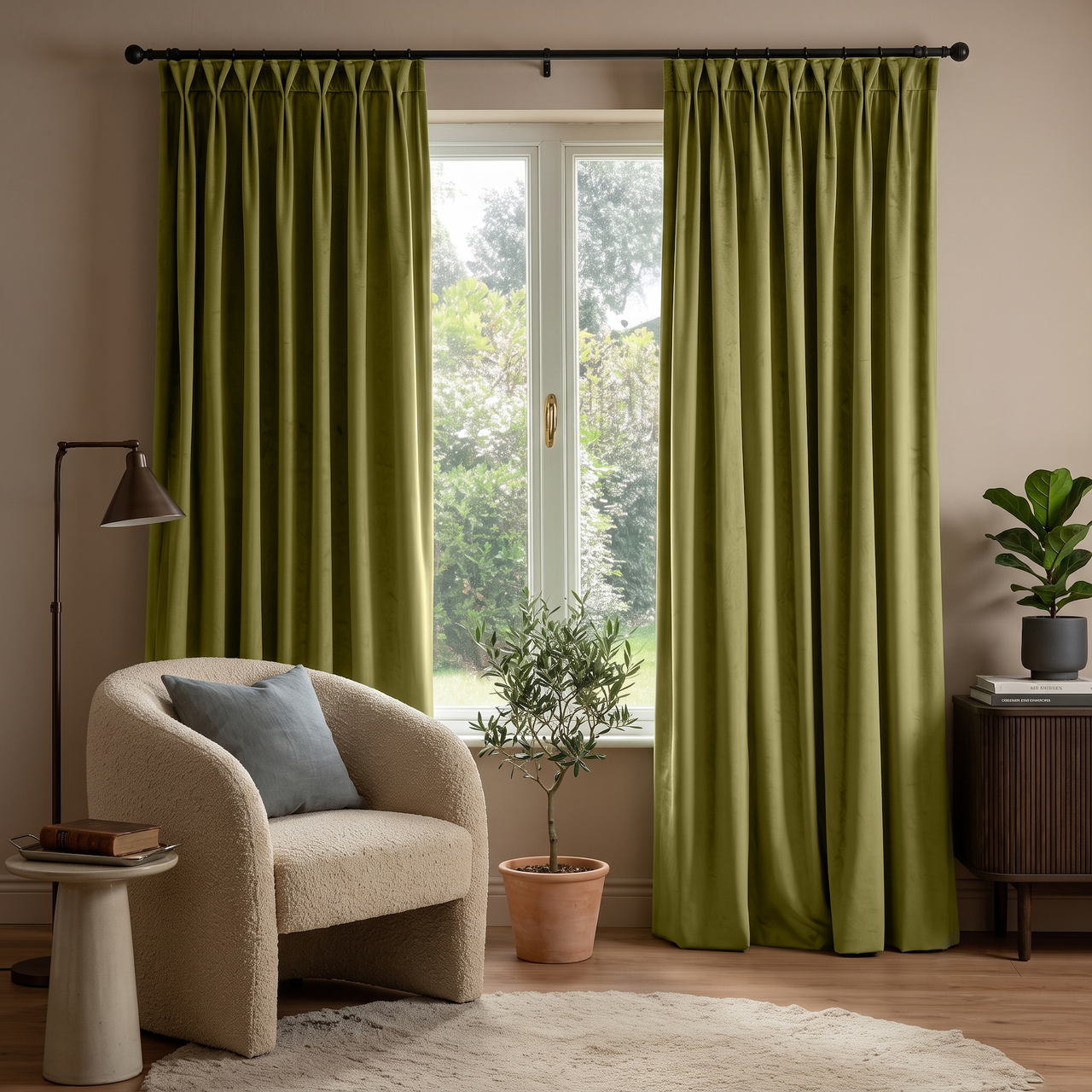 Moss Green Velvet Pinch Pleat Curtains in a Cozy Living Room with a Boucle Accent Chair