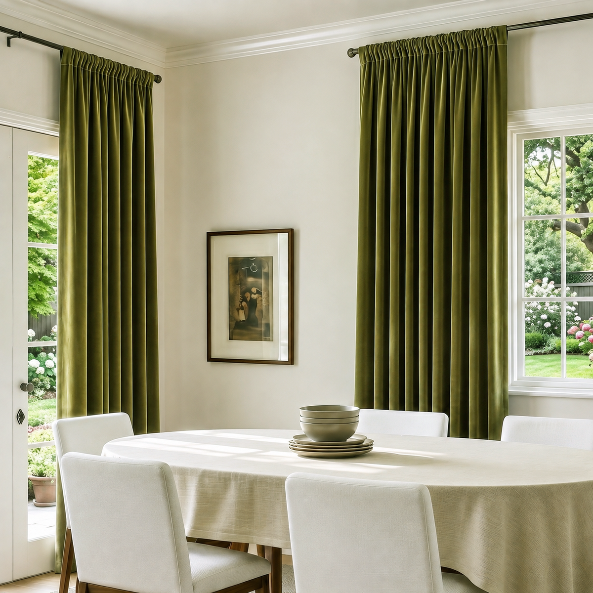 Moss Green Velvet Curtains in a Spacious White Dining Room with a Brown Wooden Table and Soft White Chairs, White Tablecloth