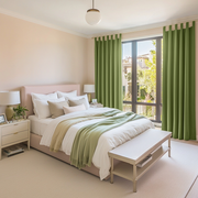 Moss Green Velvet Tab Top Blackout Curtains in a Bedroom with Soft Blush Walls