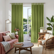 Moss Green Velvet Tab Top Blackout Curtains in a Living Room with Bright White Walls