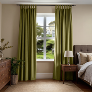 Moss Green Velvet Tab Top Curtains in a Traditional Bedroom with Beige Walls and Walnut Furniture