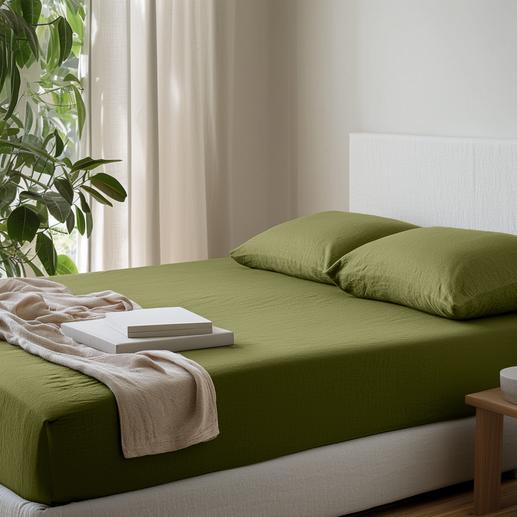 Moss Green Washed Linen Deep Pocket Fitted Sheet 