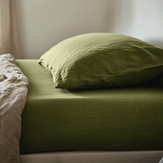 Moss Green Washed Linen Deep Pocket Fitted Sheet 