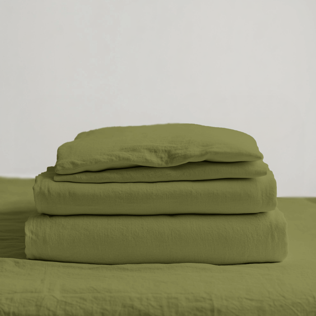 Moss Green Washed Linen Deep Pocket Fitted Sheet Set