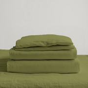 Moss Green Washed Linen Deep Pocket Fitted Sheet Set