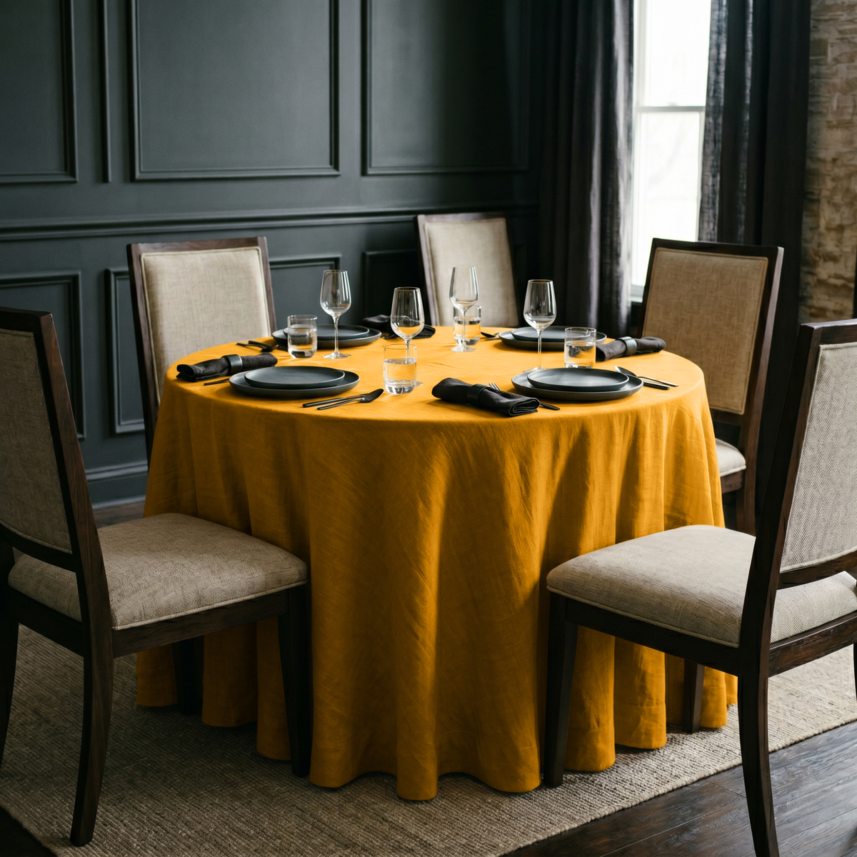 Mustard Yellow Linen 108 Inch Round Tablecloth in a Classic Dining Room with Charcoal Paneled Walls and Beige Upholstery