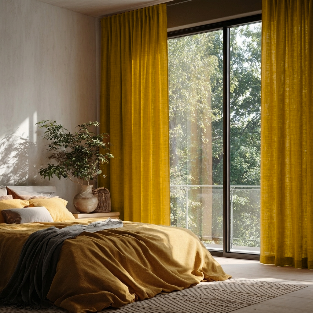 Mustard Yellow Linen Back Tab Curtains for Sliding Doors in a Bedroom with Off-White Walls