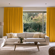 Mustard Yellow Linen Back Tab Extra Long Curtains in a Contemporary Living Room with Light Beige Sofa and a Wooden Coffee Table