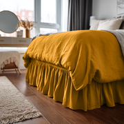 Mustard Yellow Linen Bed Skirt with Gathered Ruffles