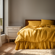 Mustard Yellow Linen Bed Skirt with Gathered Ruffles