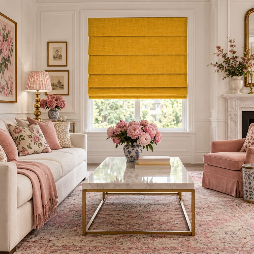 Yellow Roman Shades in a Modern Living Room with White Walls and a Marble Coffee Table