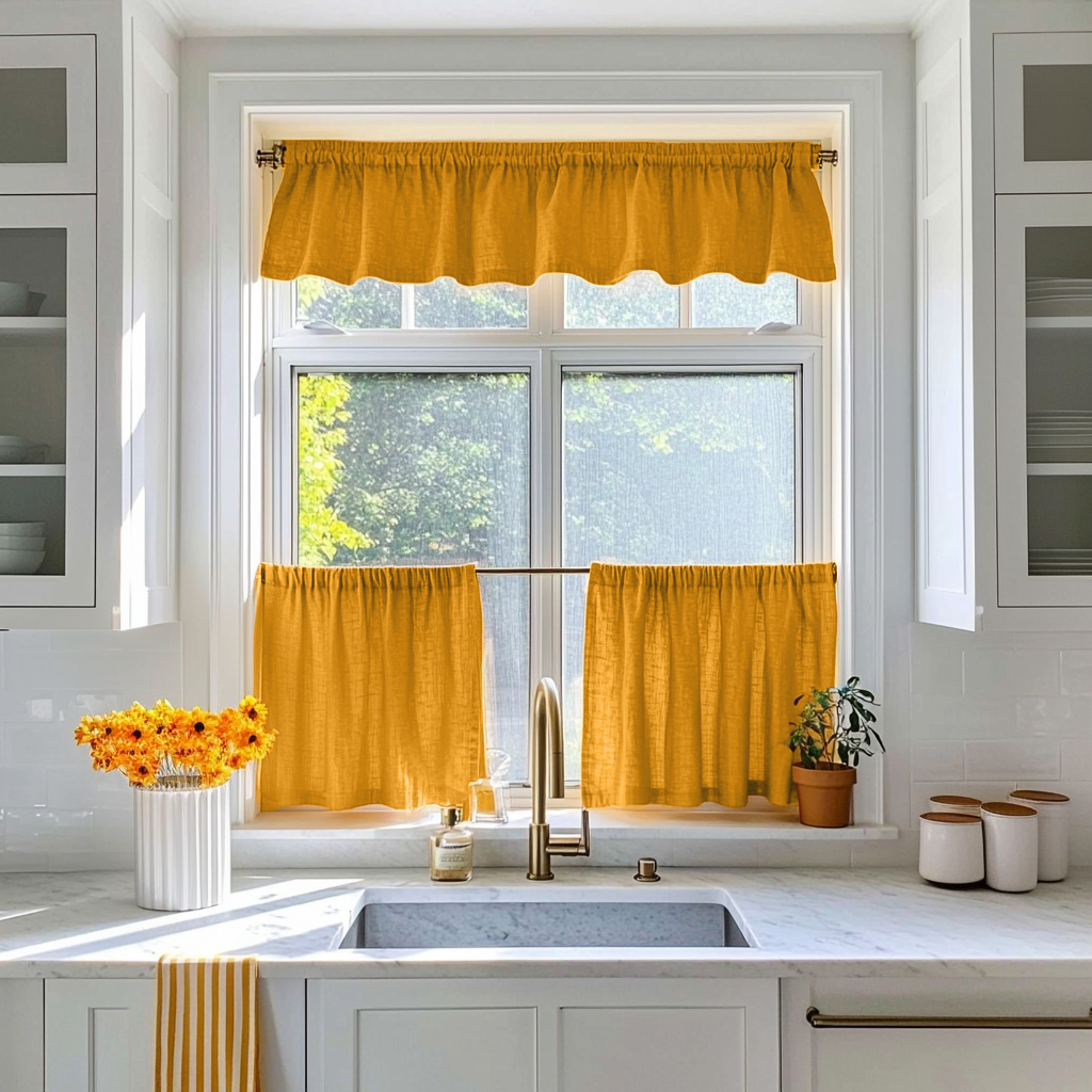 Mustard Yellow Linen Cafe Curtains Valance Set