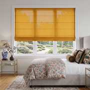 Yellow Roman Shades in a Modern Bedroom with White Walls and a Floral Duvet Cover