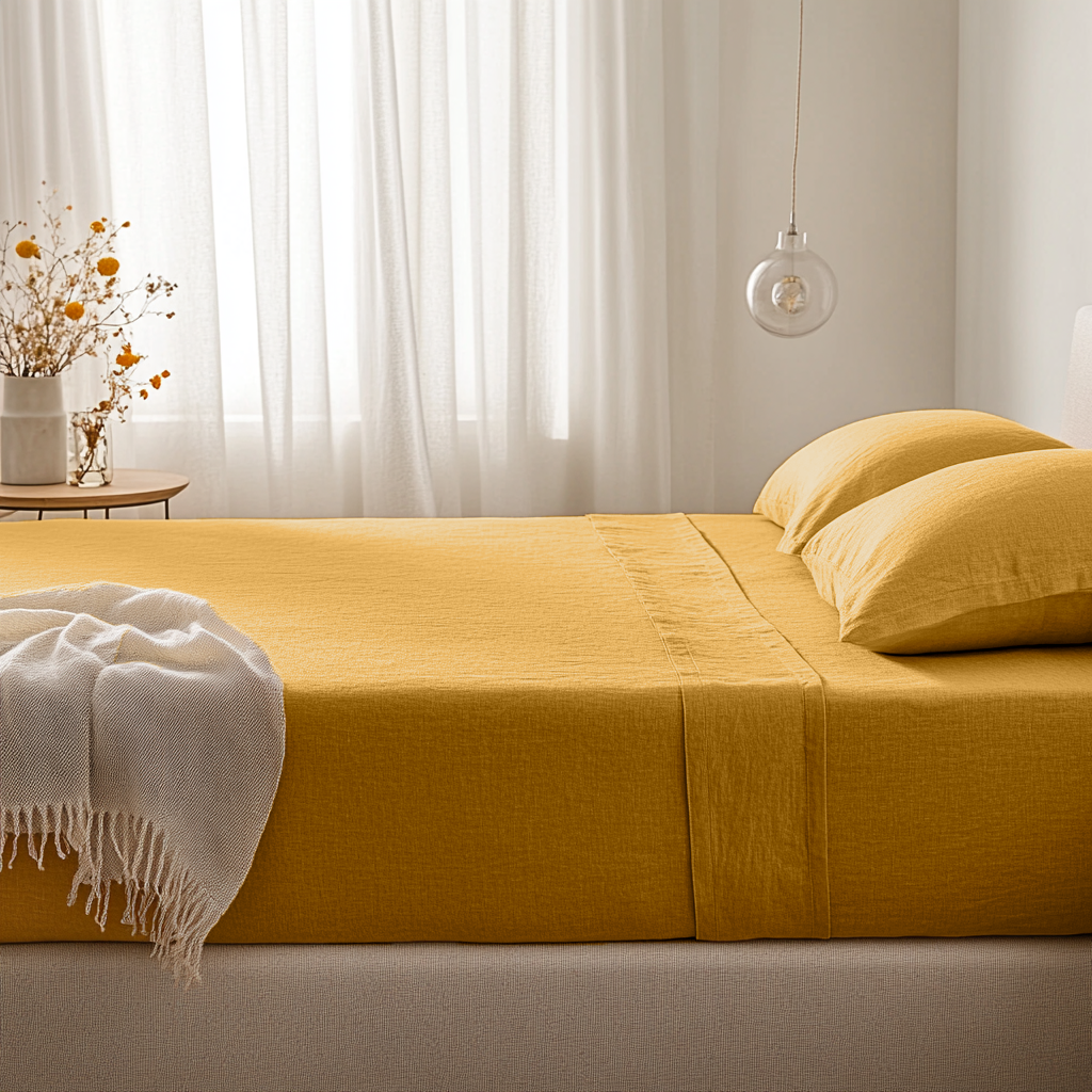 Mustard Yellow Washed Linen Deep Pocket Fitted Sheet 