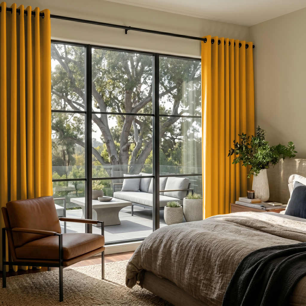 Mustard Yellow Linen Grommet Bedroom Curtains in a Warm Modern Bedroom with Light Greige Walls and Textured Taupe Bedding - Blackout Lining