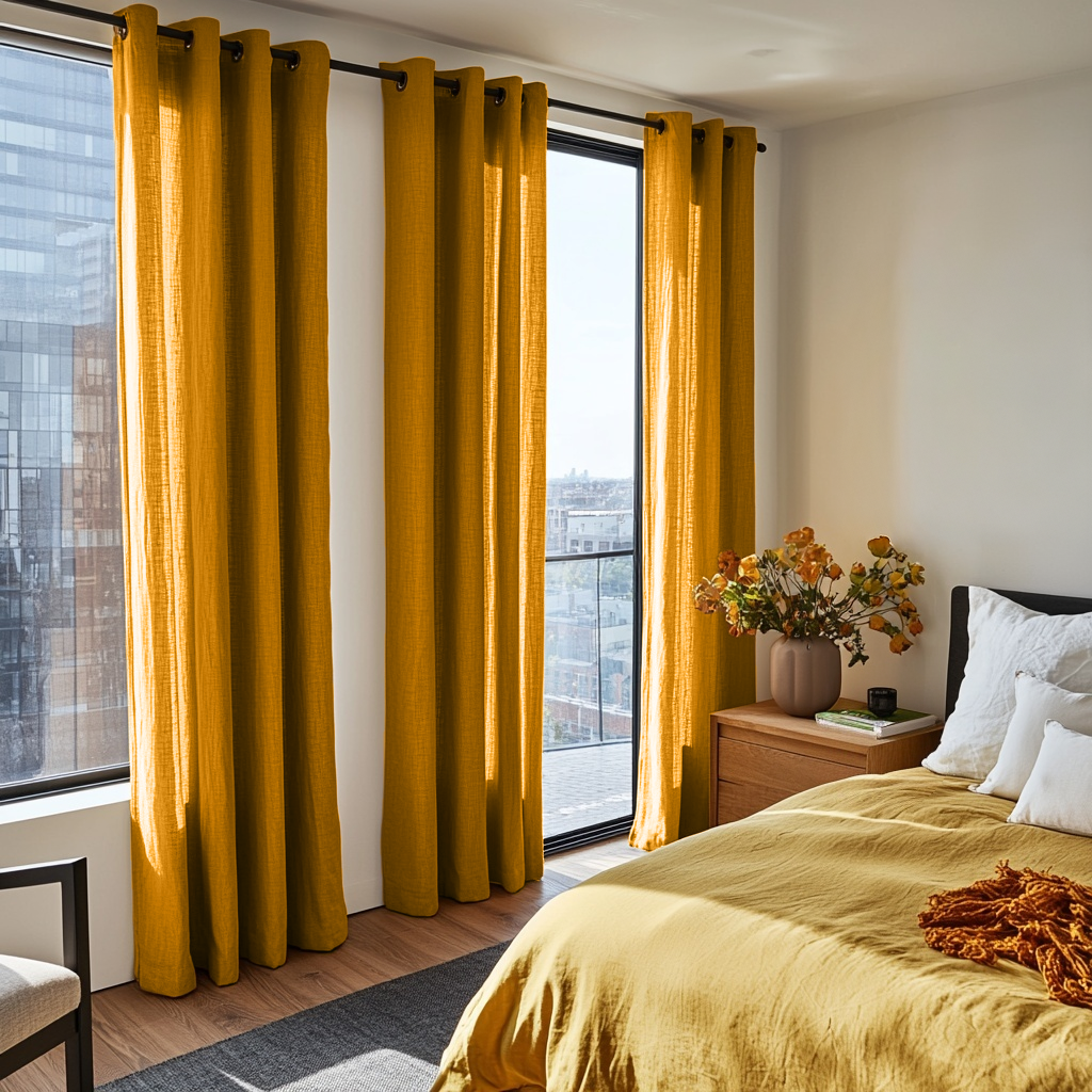 Bedroom Mustard Yellow Linen Grommet Curtains