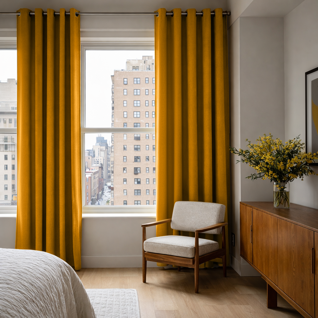 Mustard Yellow Linen Grommet Curtains - Blackout Lining
