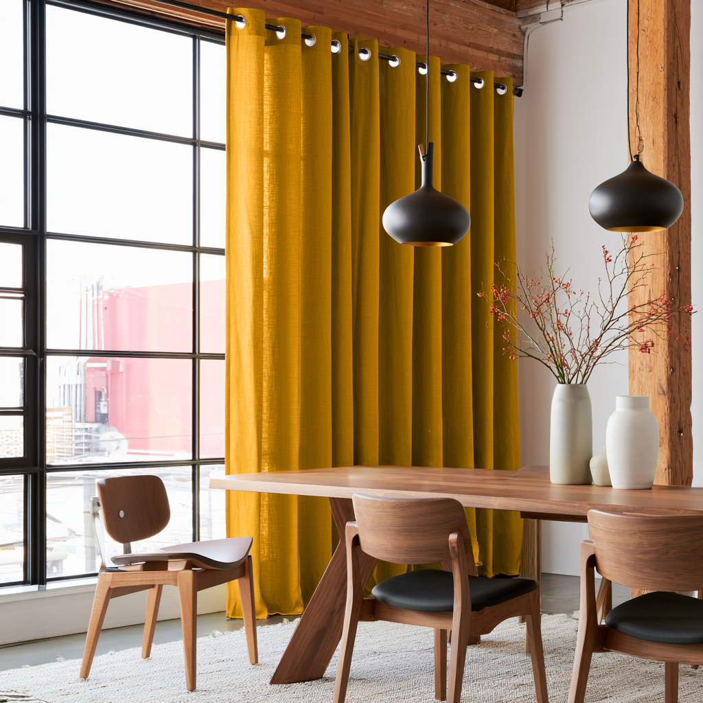 Mustard Yellow Linen Grommet Curtains in an Industrial Dining Room with Black-Framed Windows and Exposed Wood Beams