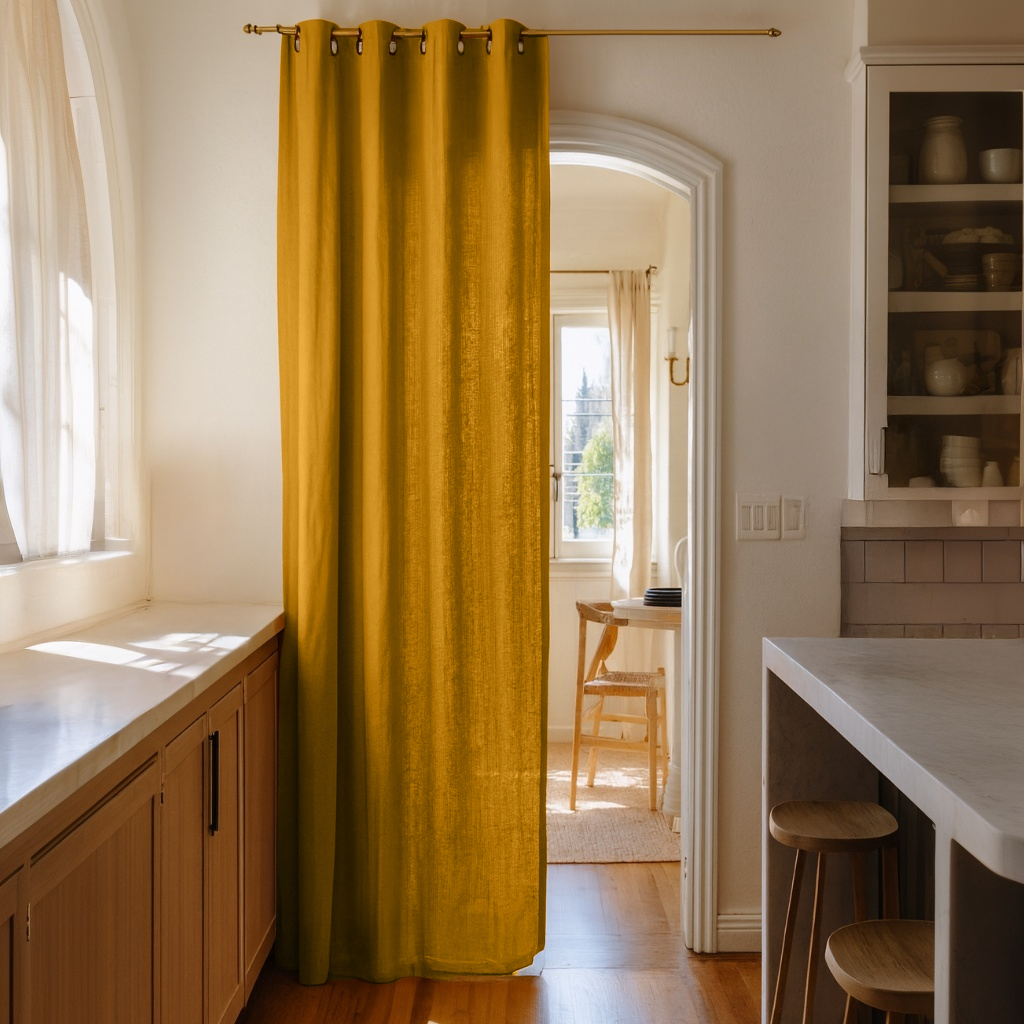 Mustard Yellow Linen Multitape Doorway Curtain with Grommets