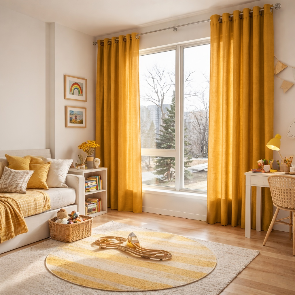 Mustard Yellow Linen Grommet Kids Room Curtains