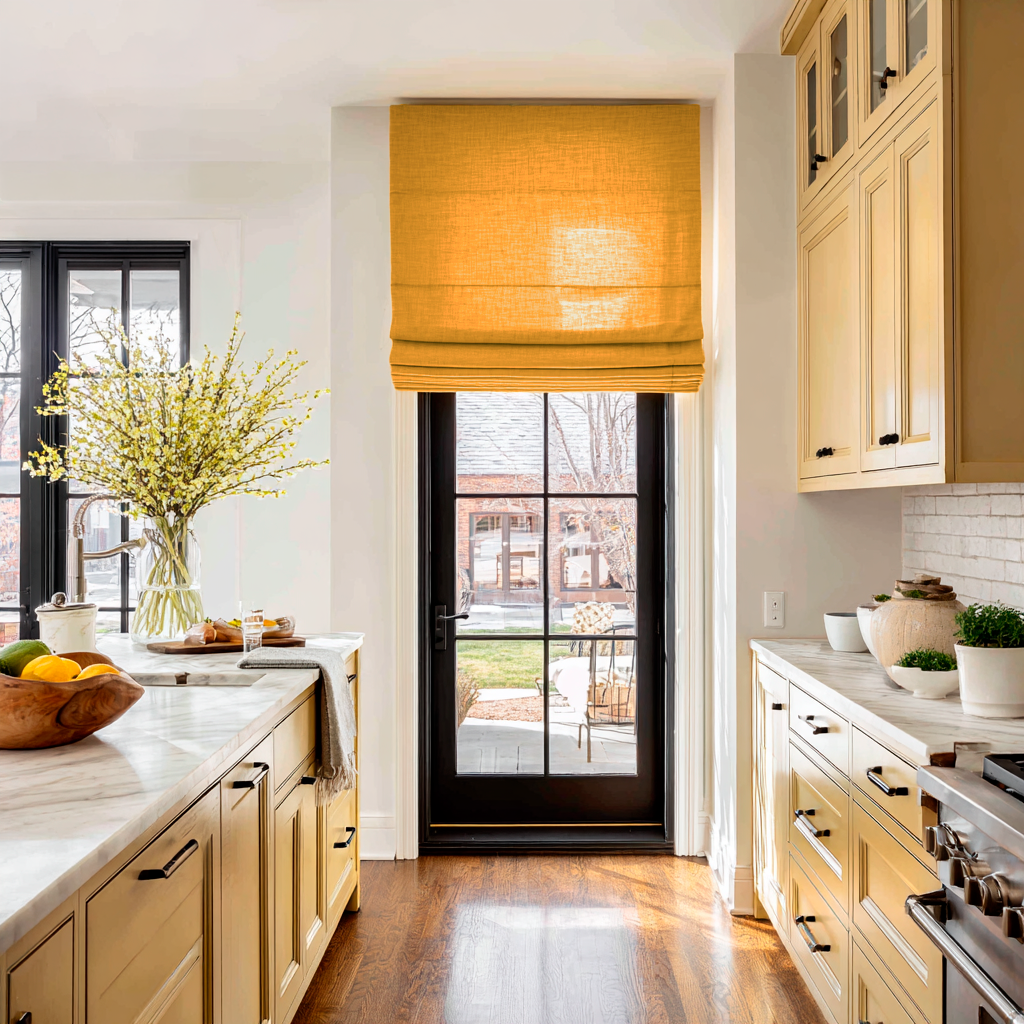 Mustard Yellow Linen Roman Shades in a Bright Transitional Kitchen with Cream Cabinetry - Cotton Lining