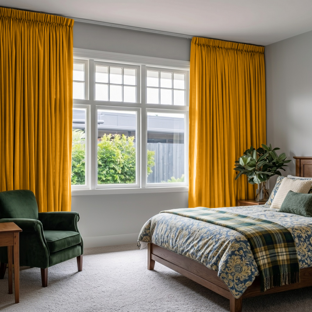 Mustard Yellow Linen Pencil Pleat Bedroom Curtains in a Classic Bedroom with Blue Patterned Bedding and a Green Velvet Chair - Cotton Lining