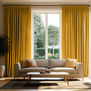 Mustard Yellow Linen Pencil Pleat Extra Long Curtains in a Bright Living Room with Beige Sofa and Green Outdoor View