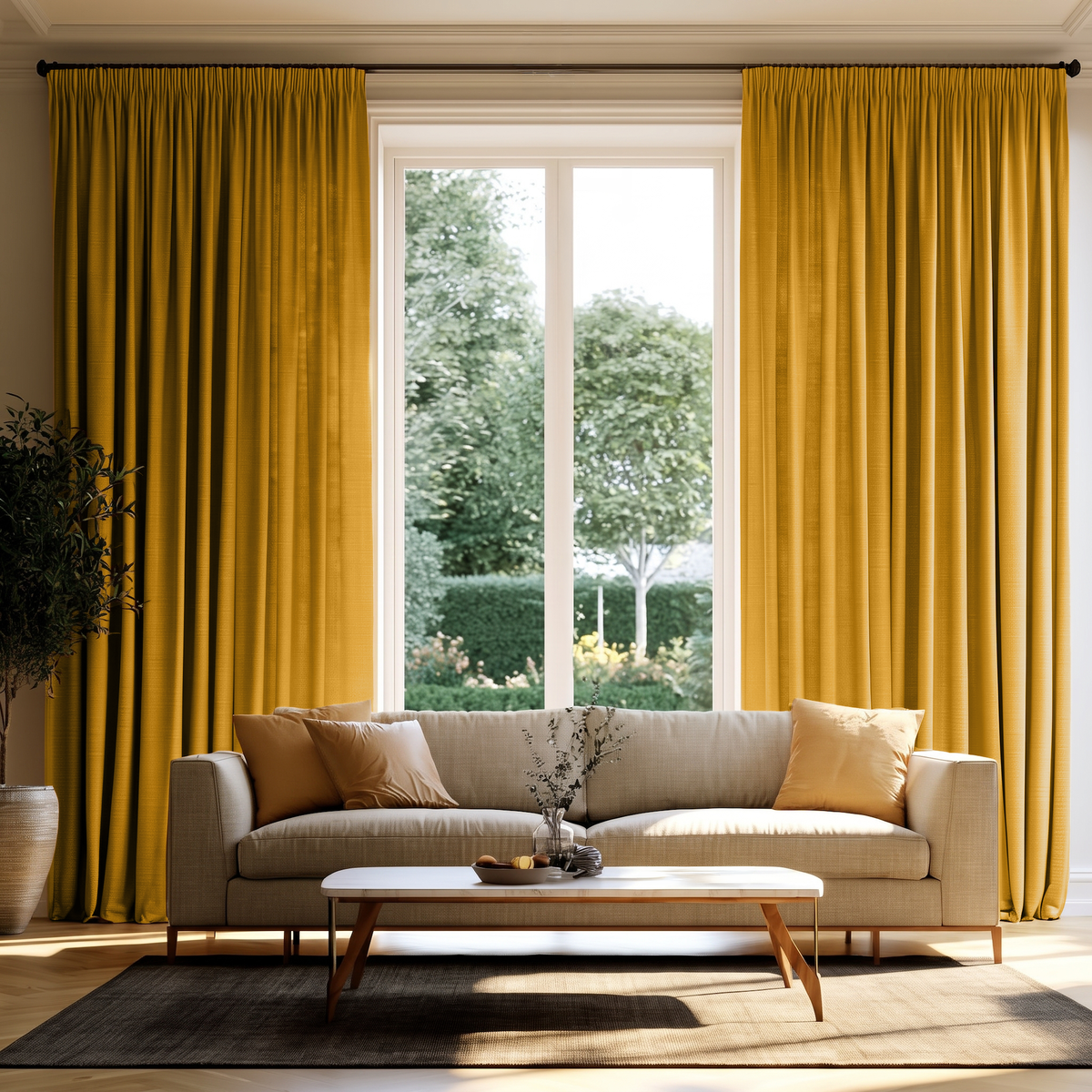 Mustard Yellow Linen Pencil Pleat Extra Long Curtains in a Bright Living Room with Beige Sofa and Green Outdoor View