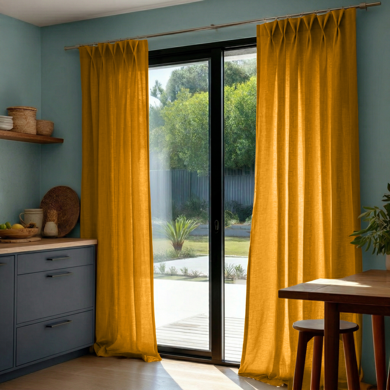 Mustard Yellow Linen Pinch Pleat Curtains for Sliding Doors in a Kitchen with Blue Walls