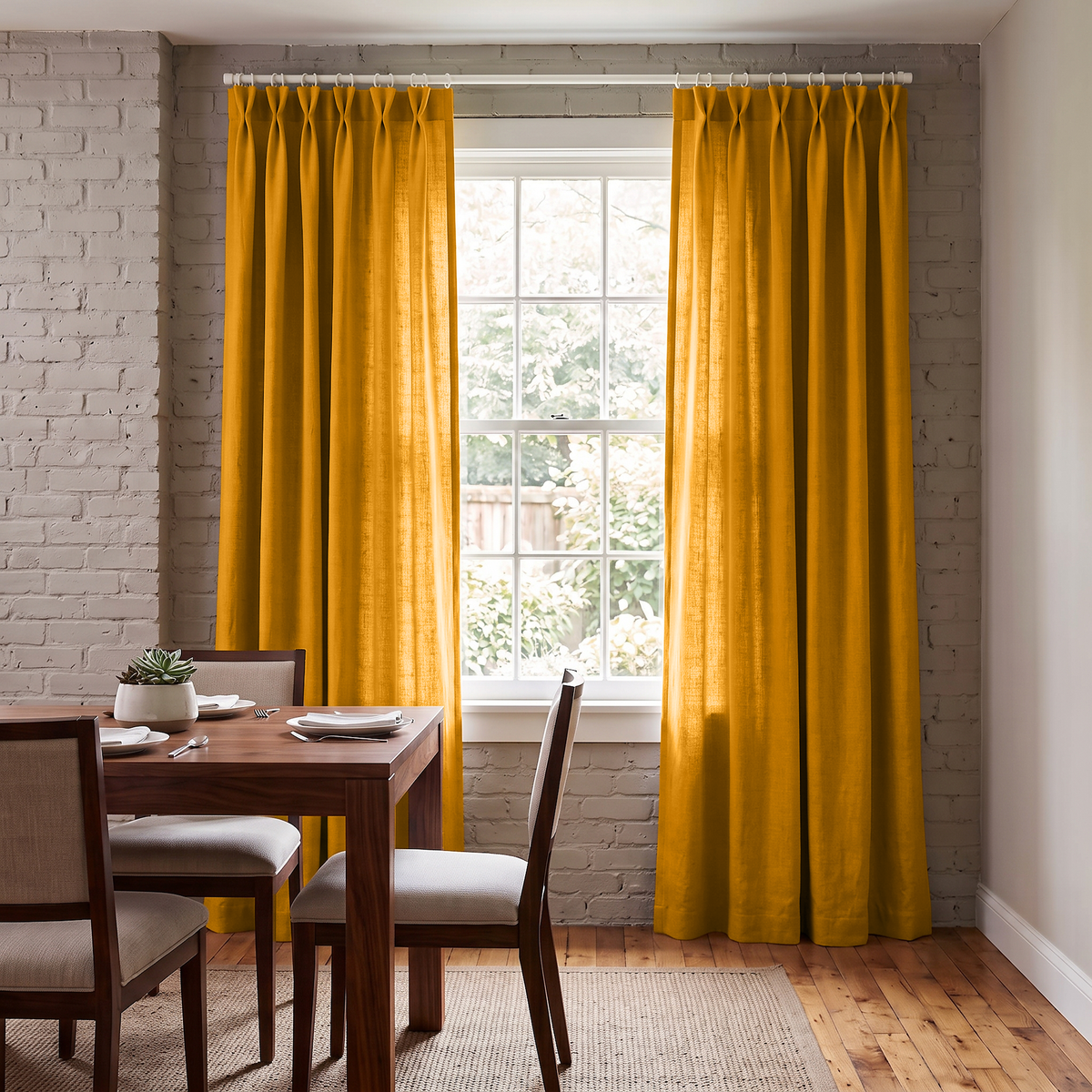 Mustard Yellow Linen Pinch Pleat Curtains in a Contemporary Dining Room with Brick Accent Wall and Upholstered Chairs