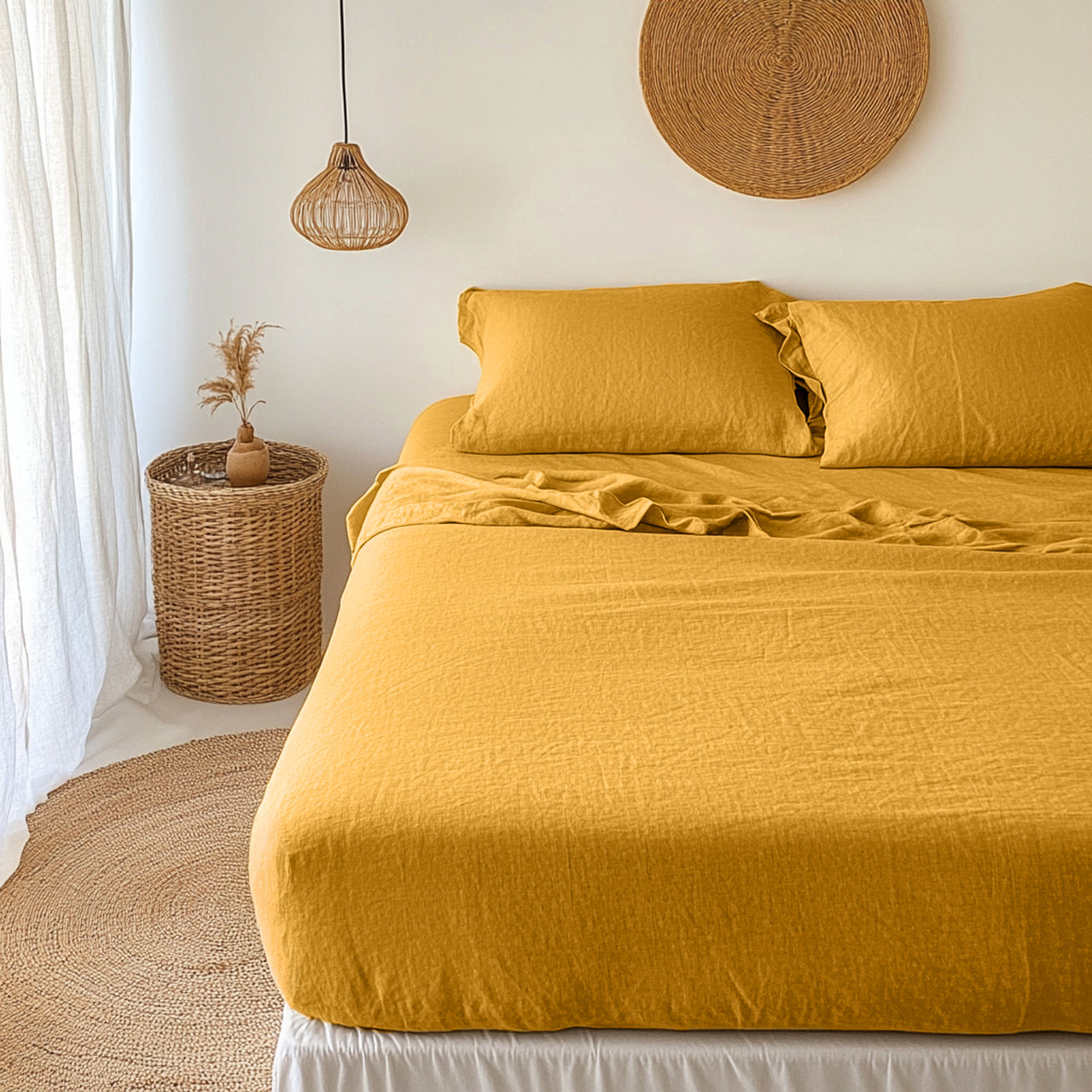 Mustard Yellow Washed Linen Deep Pocket Fitted Sheet 