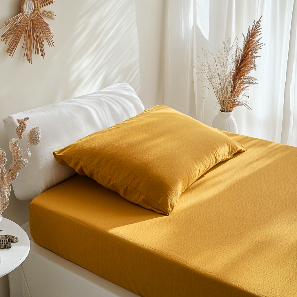 Mustard Yellow Washed Linen Twin Deep Pocket Fitted Sheet 