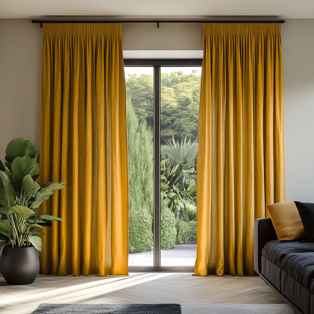Mustard Yellow Pencil Pleat Cotton Lined Linen Curtains