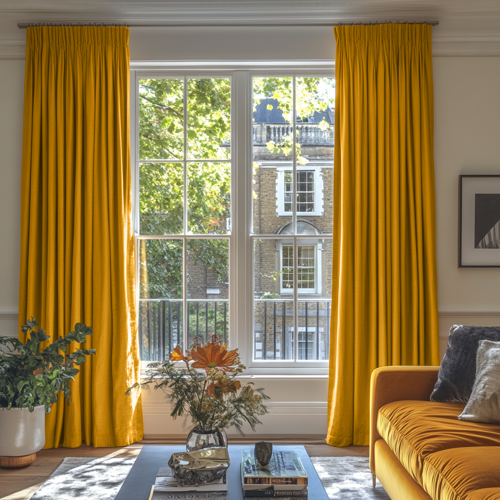 Mustard Yellow Pencil Pleat Cotton Lined Linen Curtains