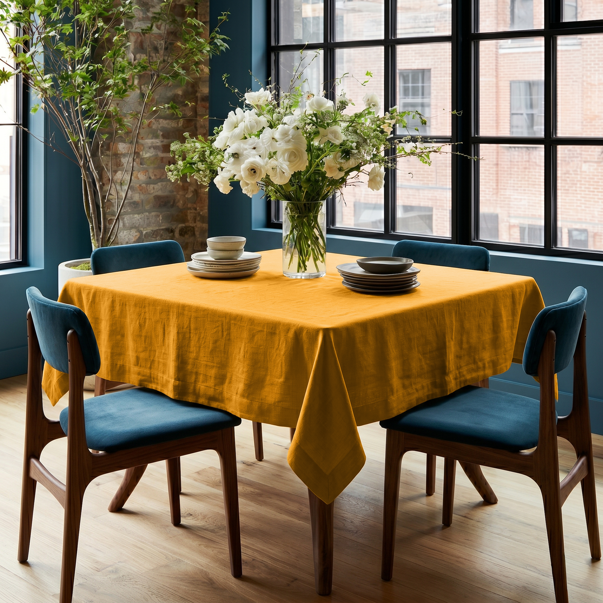 Mustard Yellow Square Linen Tablecloth in an Industrial Dining Room with Blue Upholstered Chairs