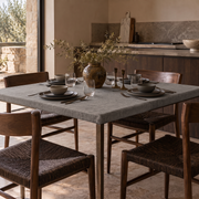 Natural Fitted Square Heavy Weight Linen Tablecloth in a Rustic Contemporary Kitchen with Wooden Chairs