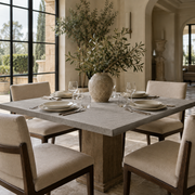 Natural Fitted Square Linen Tablecloth in a Mediterranean Dining Room with Cream Upholstered Chairs and Arched Doorways