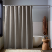 Natural Heavy Weight Linen Button-Hole Top Weighted Shower Curtain in a Minimalist, Cozy Bathroom